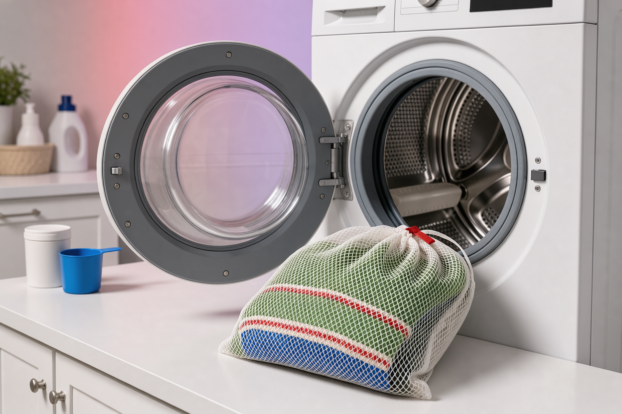 a washing machine front-loading with an open door, a wool sweater inside a mesh laundry bag ready to be placed in drum, neutral laundry room setting