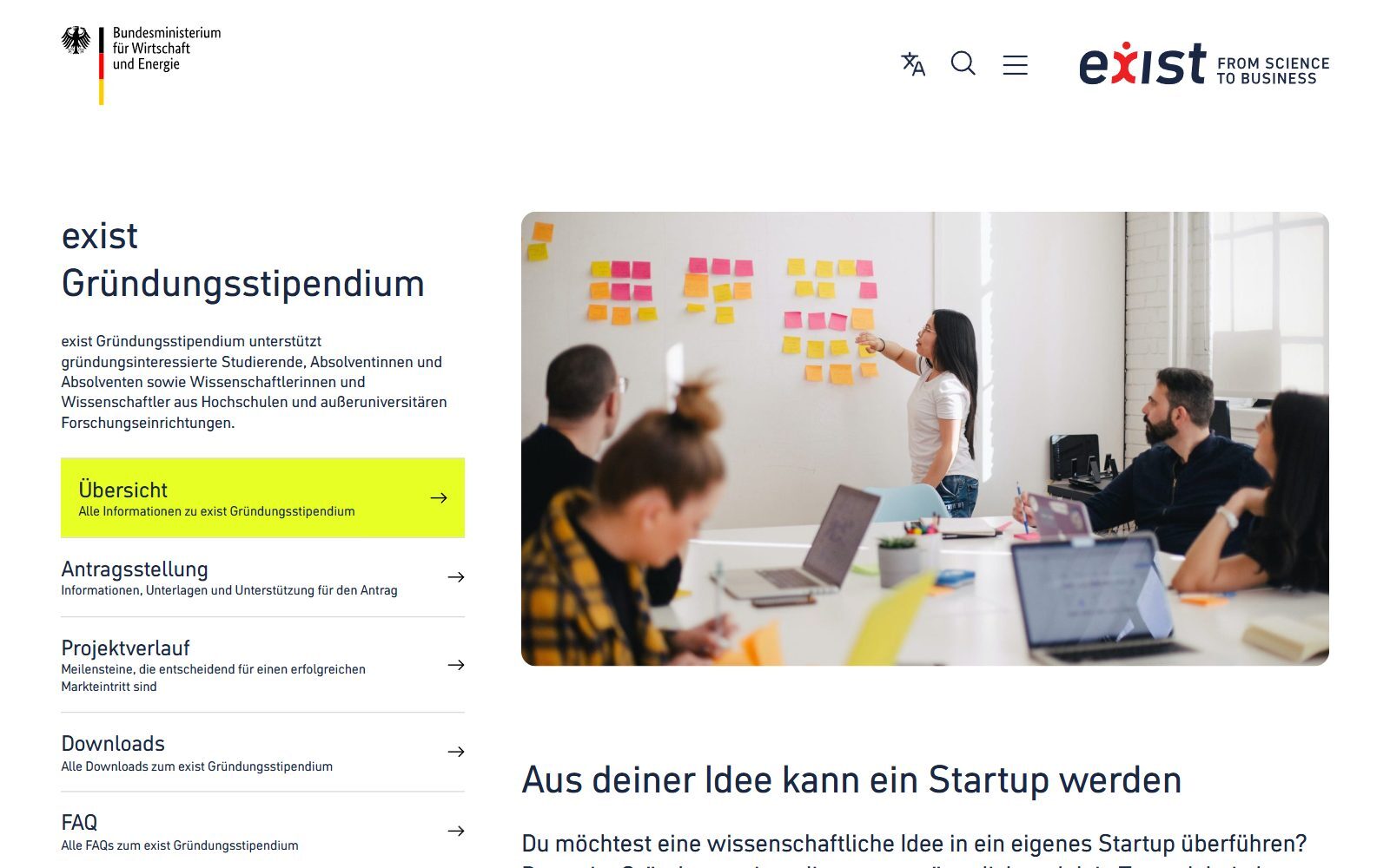 exist Gründungsstipendium programme page of the German Federal Ministry for Economic Affairs and Energy, screenshot (October 2026)