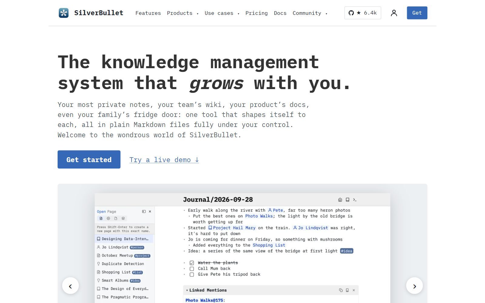 SilverBullet open-source Markdown knowledge management homepage screenshot (October 2026)
