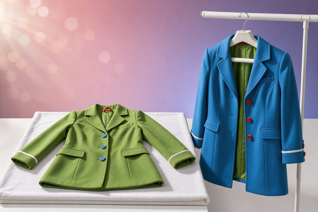 Coat drying scene: one coat laid flat on a towel and another hanging on a wide padded hanger, sunlight diffused, no cleaning products visible