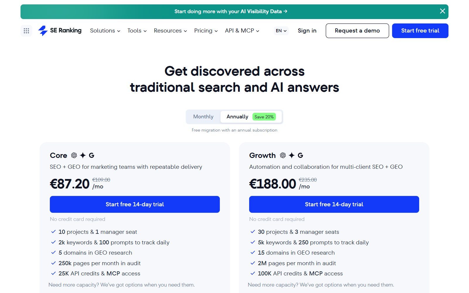 SE Ranking pricing page screenshot with Core and Growth plans on yearly billing (October 2026)