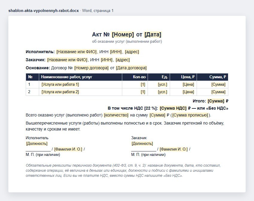 Шаблон акта об оказании услуг в Word: номер и дата, исполнитель и заказчик, основание — договор, таблица услуг, итог и НДС, фраза об отсутствии претензий, подписи сторон; заготовки — в квадратных скобках