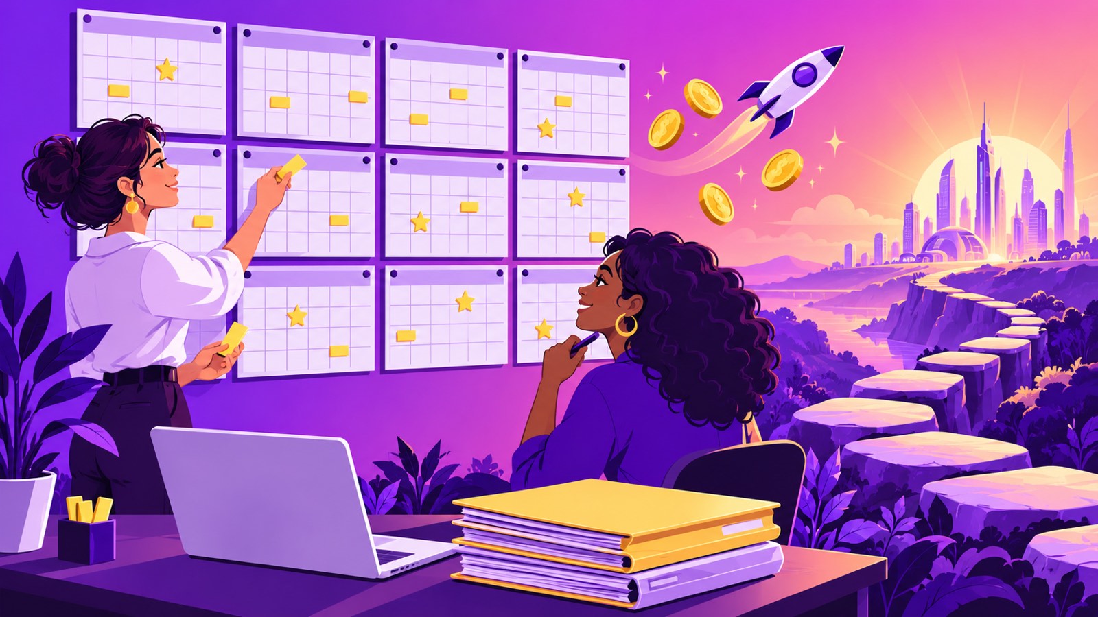 EU funding calls 2027 illustration: two women founders pinning deadline markers on a twelve-month wall planner, with grant folders, coins and a rocket