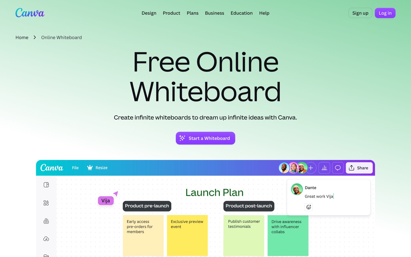 Canva Whiteboards homepage screenshot: free online whiteboard