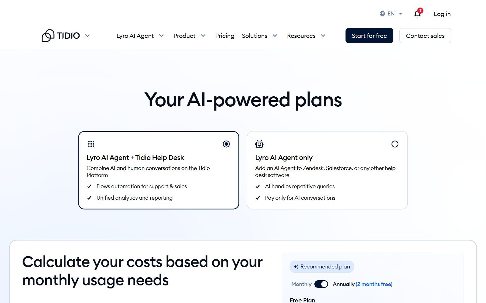 Tidio pricing page screenshot (October 2026): AI agent and help desk plans with annual billing selected