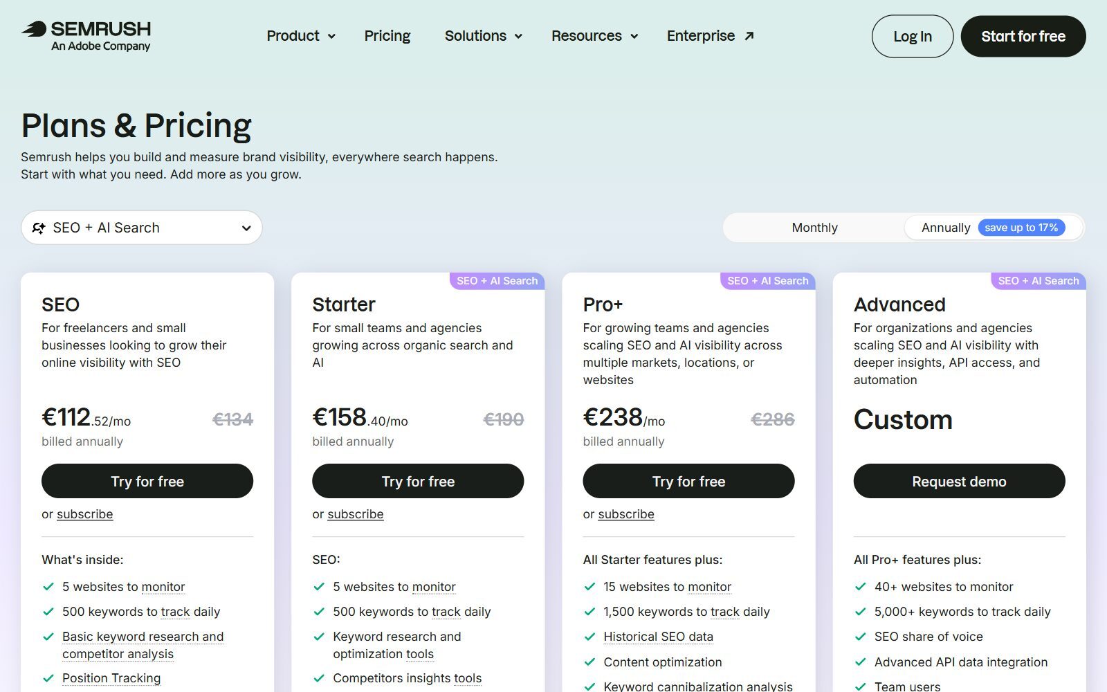 Semrush pricing page screenshot showing the SEO, Starter, Pro+ and Advanced plans (October 2026)