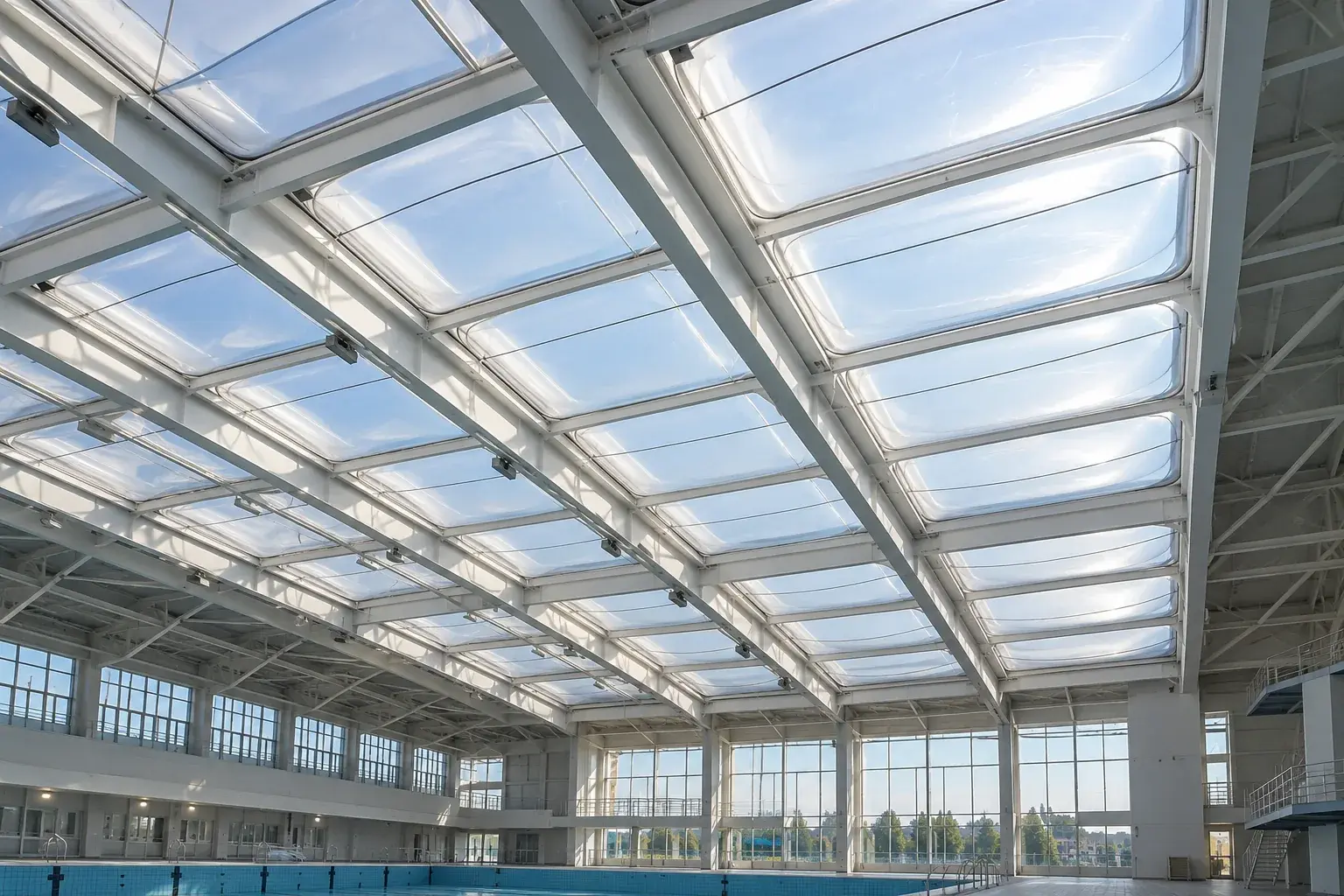 Кровля бассейнового комплекса из пневматических ETFE-подушек в Сириусе