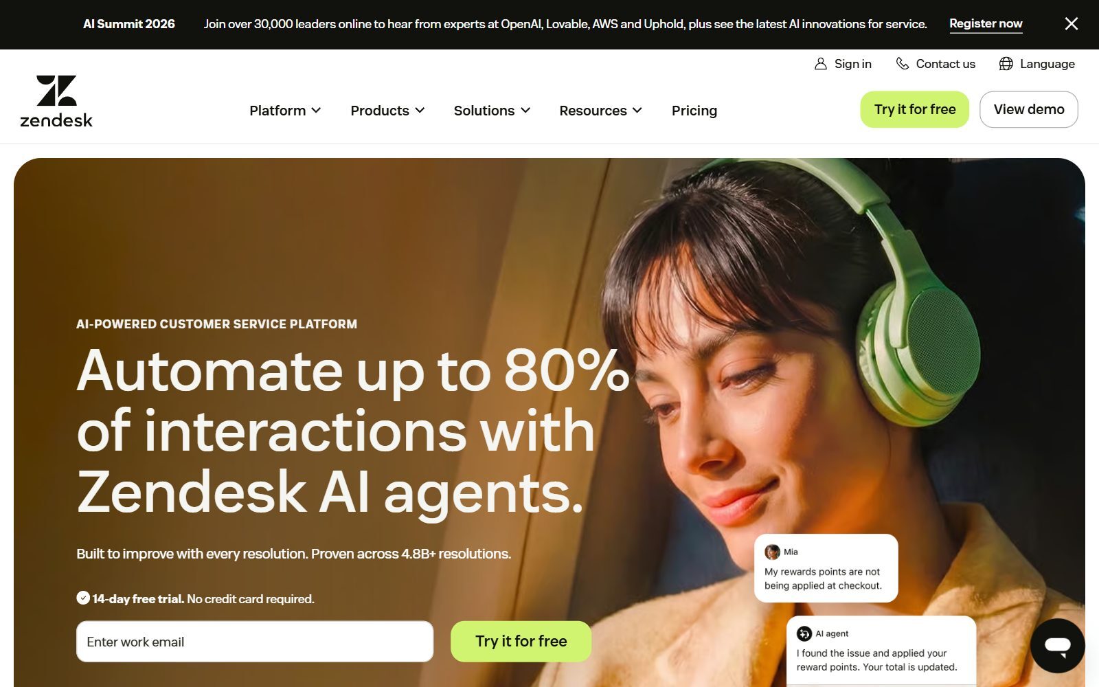 Zendesk homepage screenshot (October 2026): AI-powered customer service platform with a 14-day free trial, no credit card required