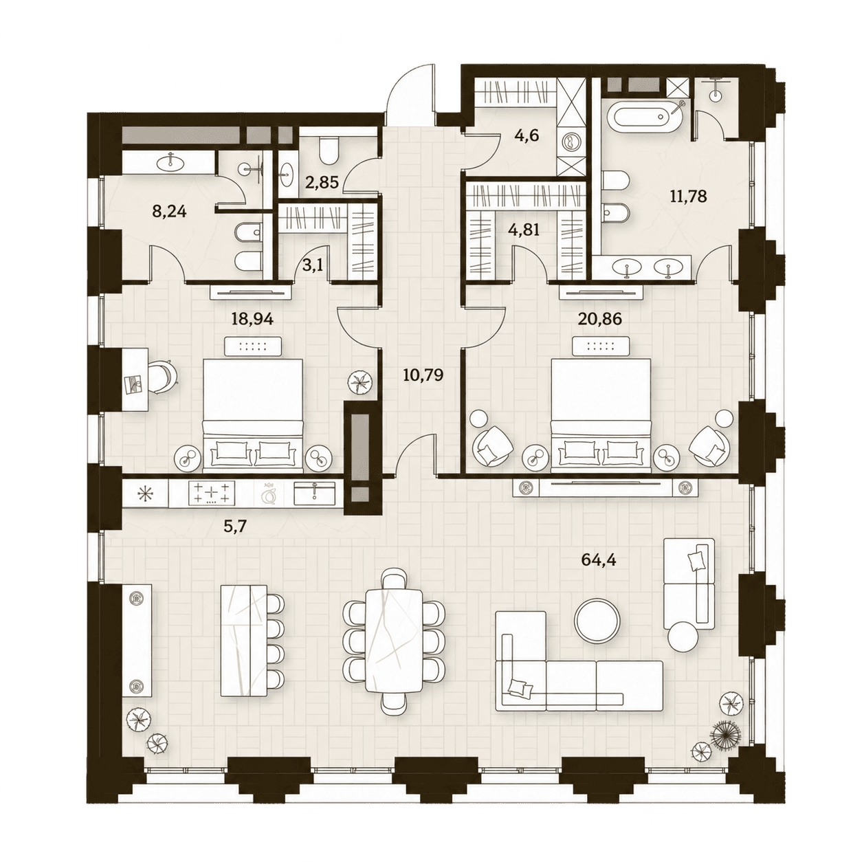 Планировка 2-к квартиры, 156 м²