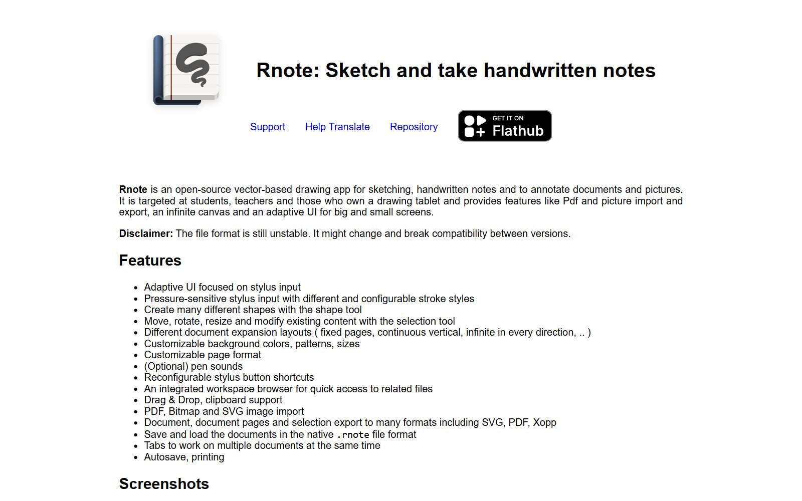 Rnote homepage screenshot (October 2026)