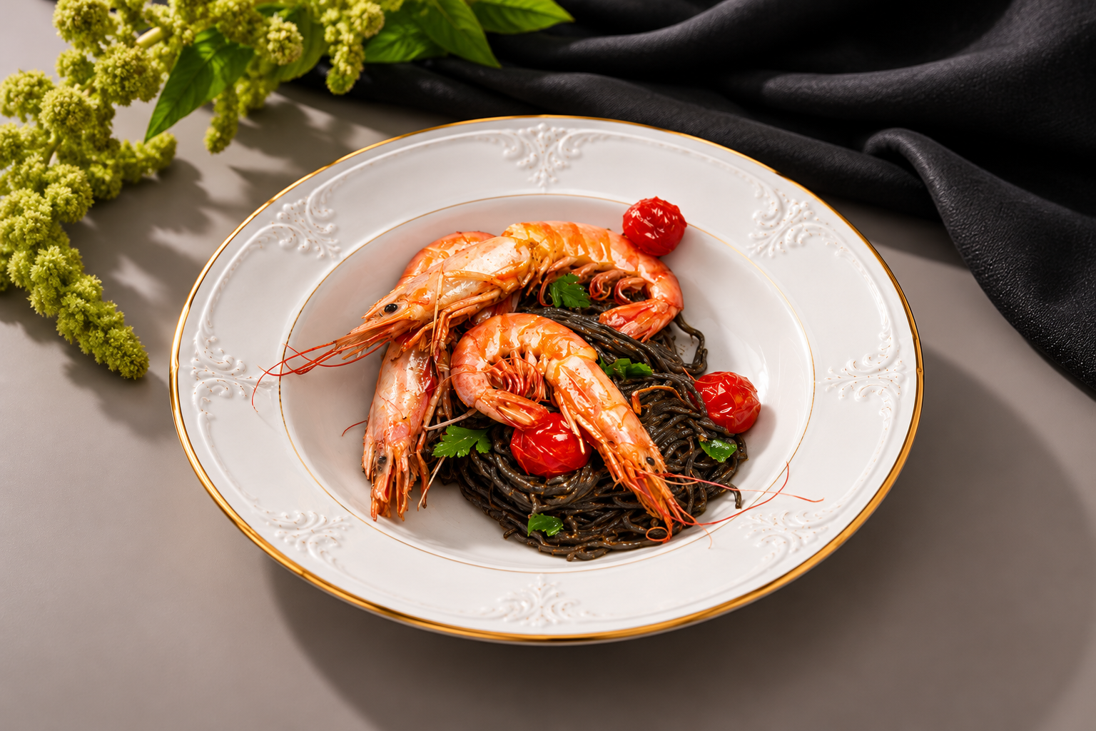 Черные лингвини с королевскими креветками