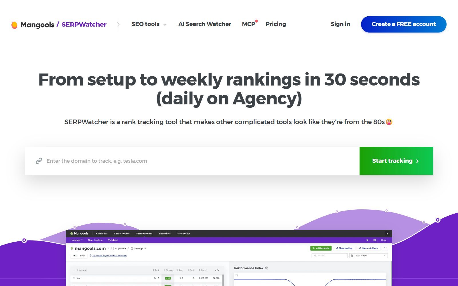 Mangools SERPWatcher rank tracker page screenshot (October 2026)