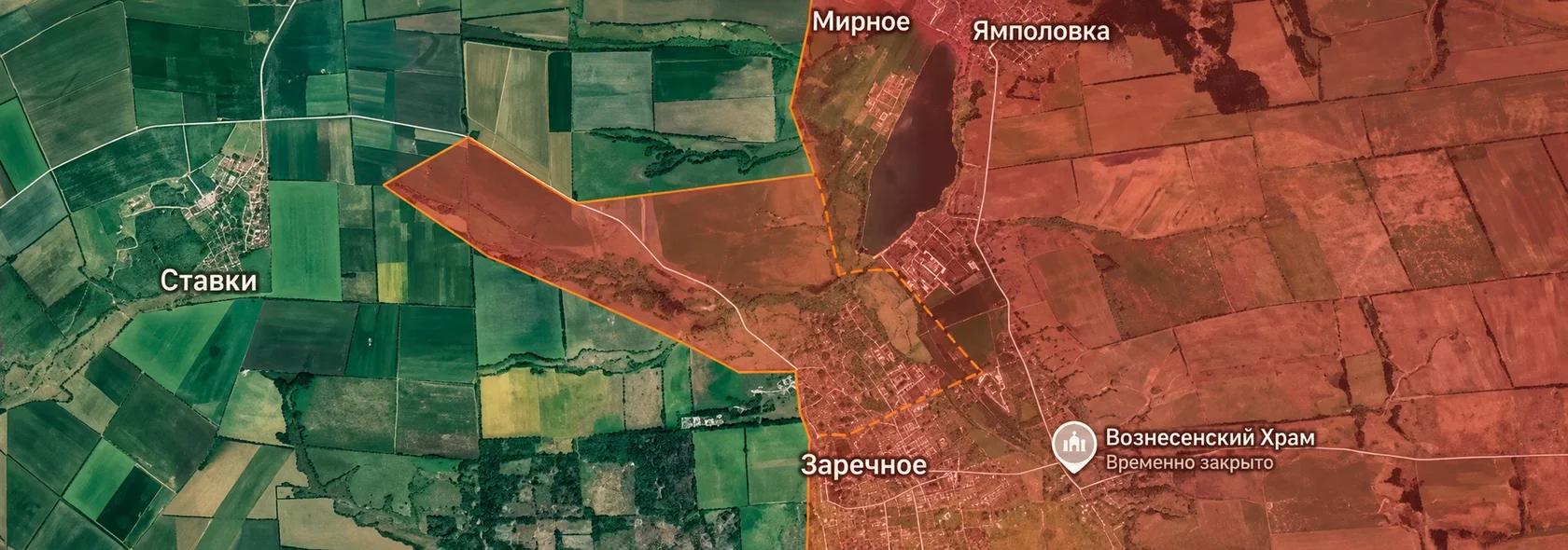 Спутниковая карта Заречного, Ставков, Мирного и Ямполовки с выделенными границами и красной зоной