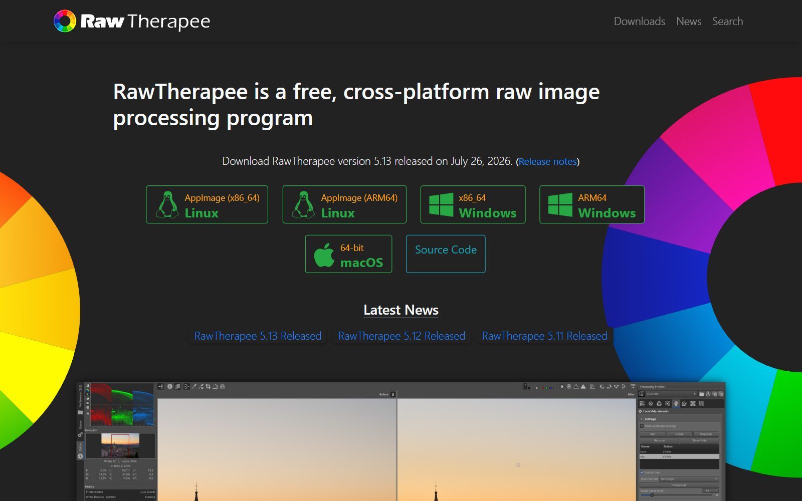 RawTherapee homepage screenshot showing version 5.13 (October 2026)