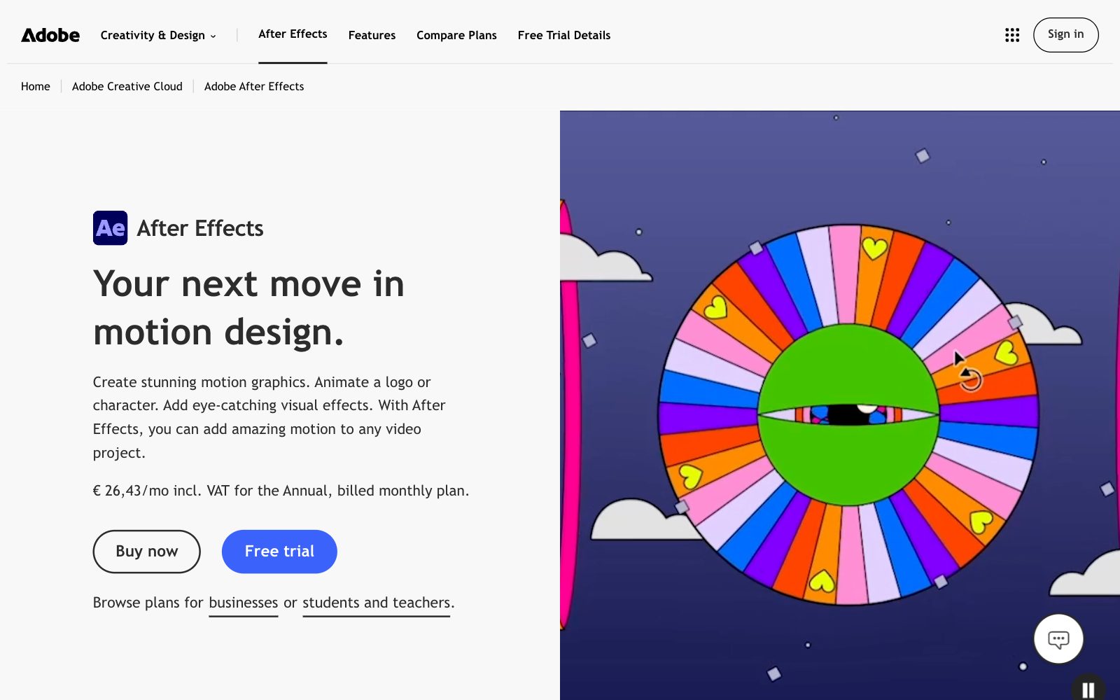 Screenshot of the Adobe After Effects product page with the headline Your next move in motion design., Buy now and Free trial buttons and a colourful animated wheel