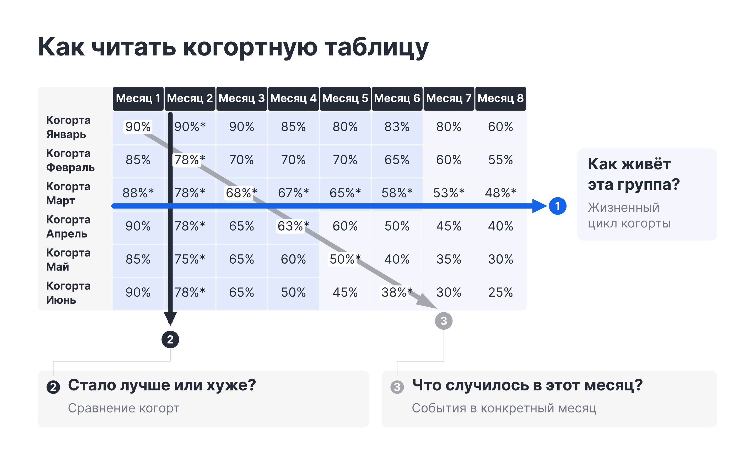 Схема трёх направлений чтения когортной таблицы