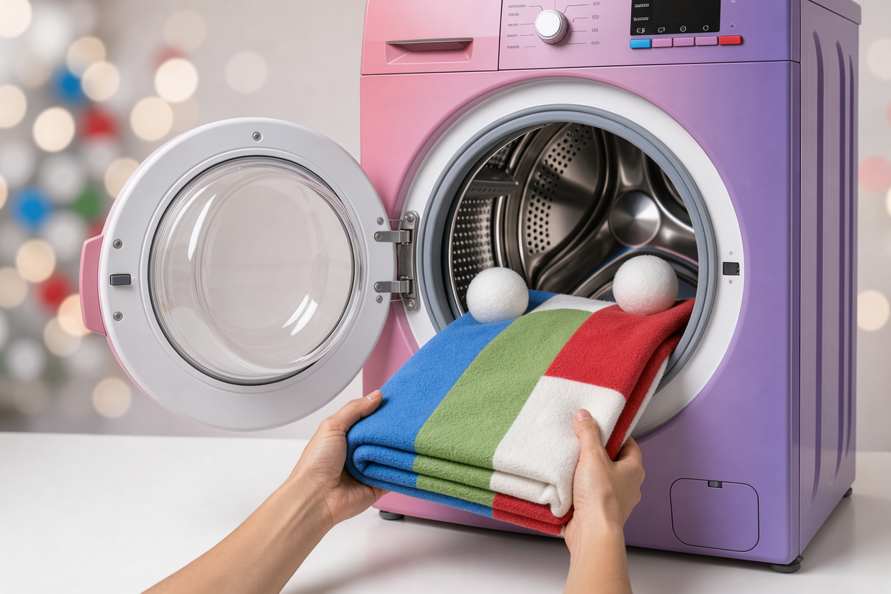 open washing machine drum with a folded blanket and two white dryer balls inside, hands gently placing the blanket into the drum