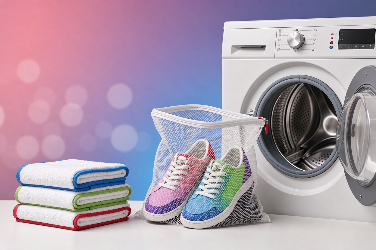 two sneakers placed inside a mesh laundry bag next to folded towels ready to be loaded into a front-loading washing machine drum, control panel visible (no logos)