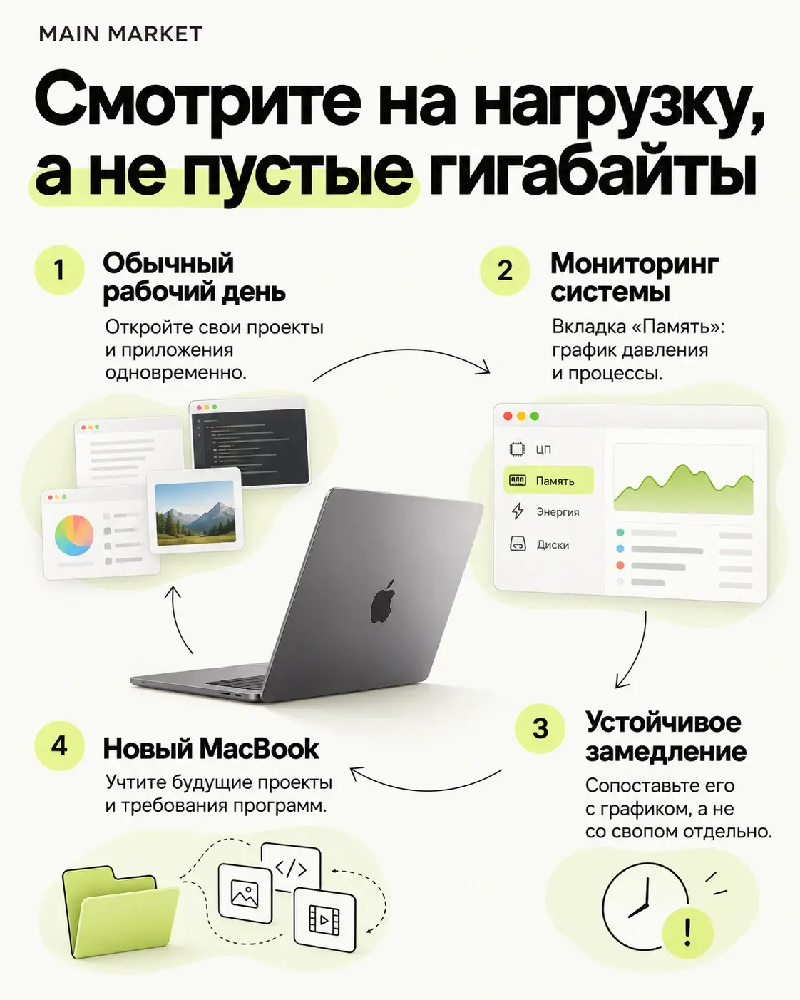 Проверка давления памяти и свопа перед выбором оперативной памяти MacBook