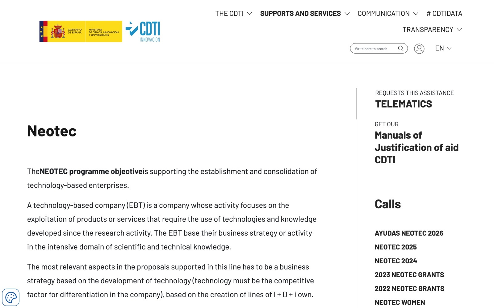 CDTI Neotec official page screenshot: Spanish grant programme for young technology-based companies