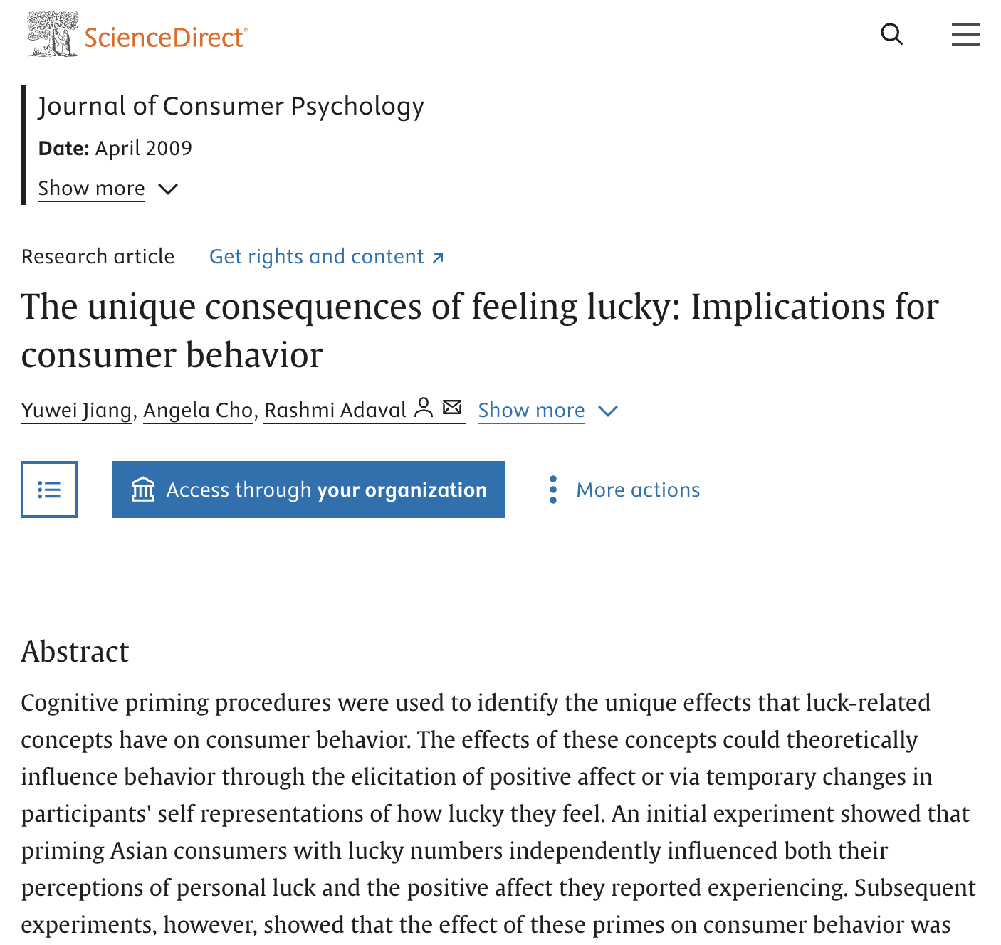 Journal of Consumer Psychology · 2009: The unique consequences of feeling lucky: Implications for consumer behavior