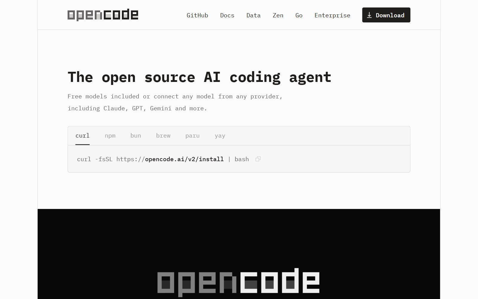 OpenCode homepage screenshot (October 2026)