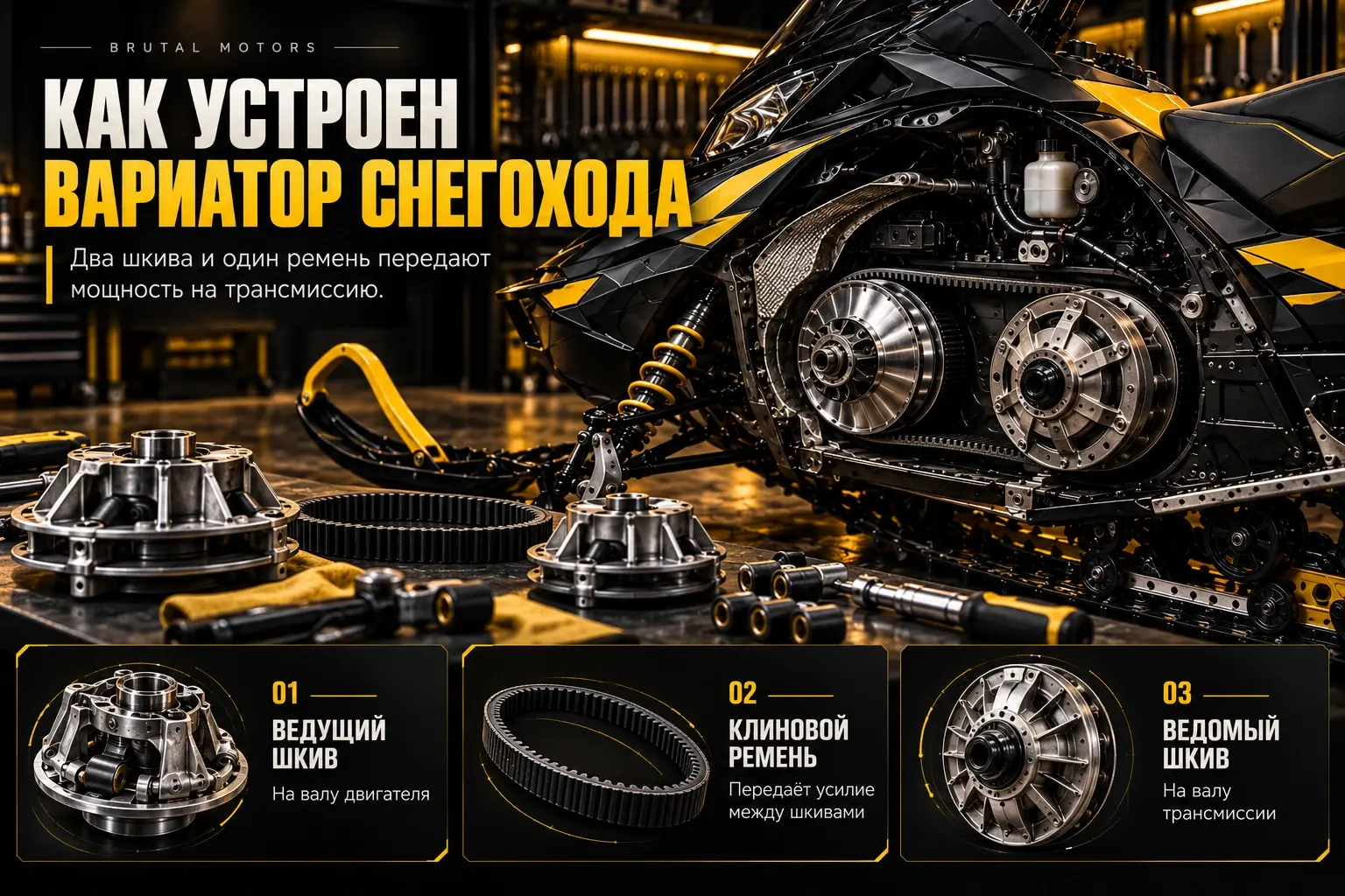 Устройство вариатора снегохода: ведущий шкив, ремень и ведомый шкив