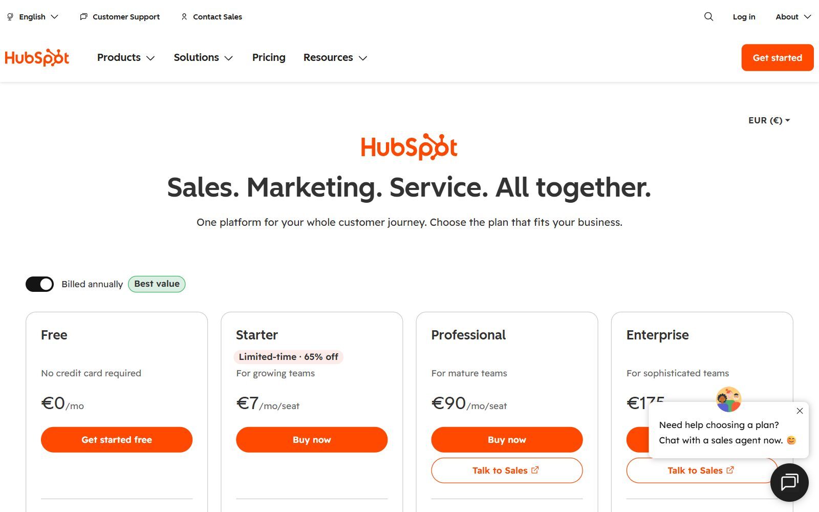 HubSpot pricing page screenshot (October 2026) showing the Free tier at 0 per month with no credit card required