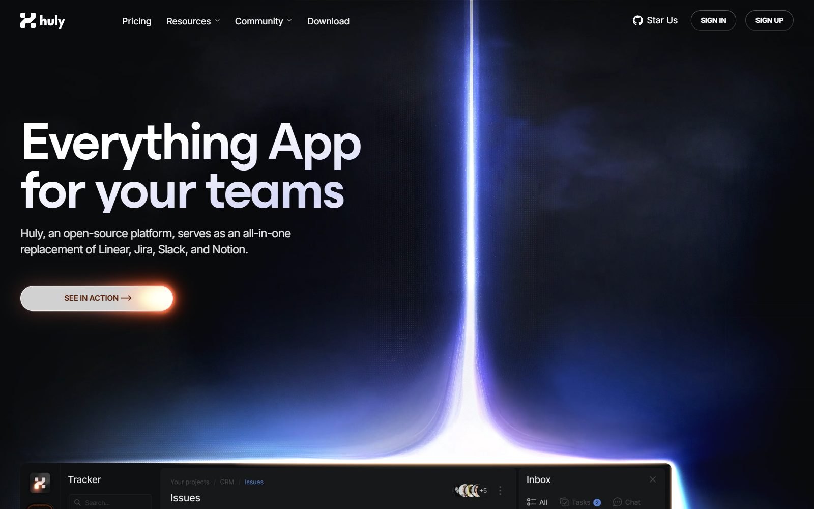 Huly homepage screenshot (October 2026)