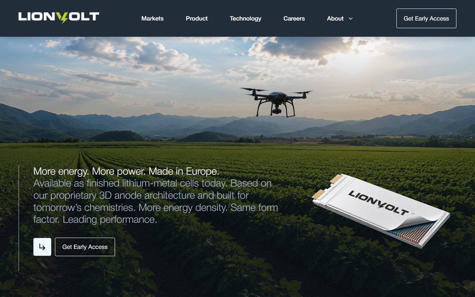 LionVolt lithium-metal battery cells homepage screenshot (October 2026)