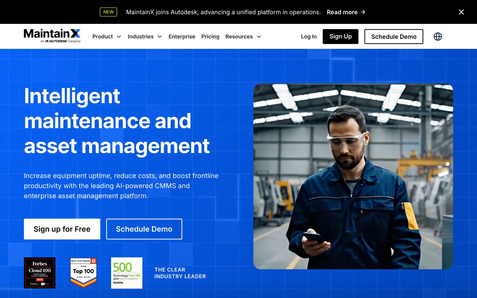 MaintainX homepage screenshot: maintenance and asset management platform with SOP tools