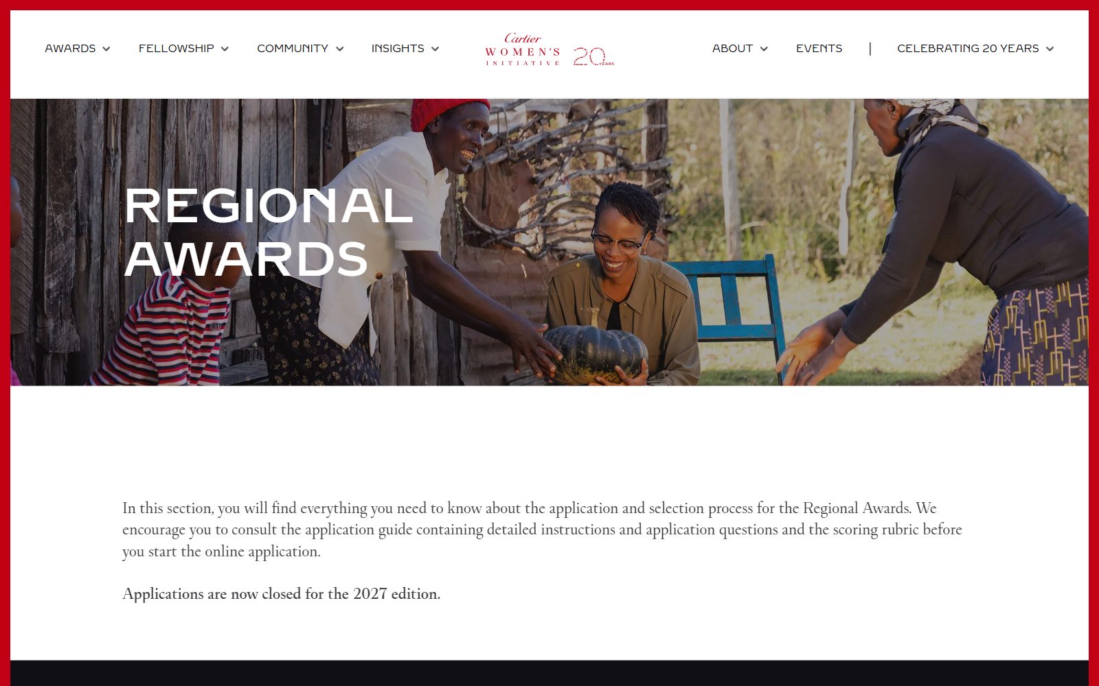 Cartier Women's Initiative regional awards page screenshot (October 2026)