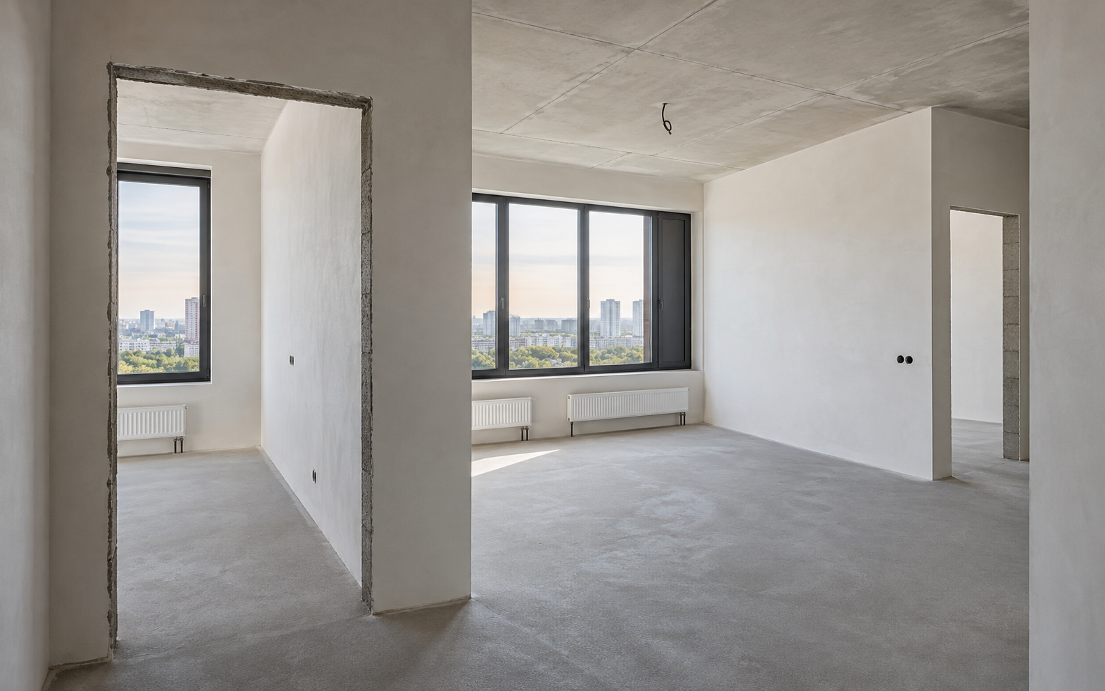 Квартира с отделкой White Box в новостройке: штукатурка стен и стяжка пола