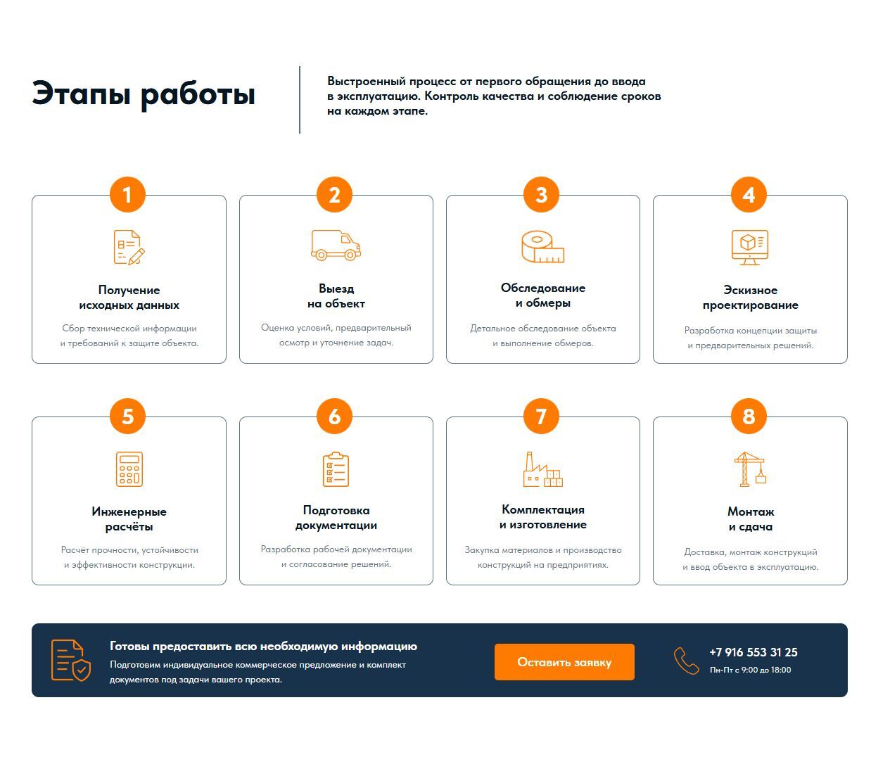 Раздел с этапами работы на сайте Промкупол