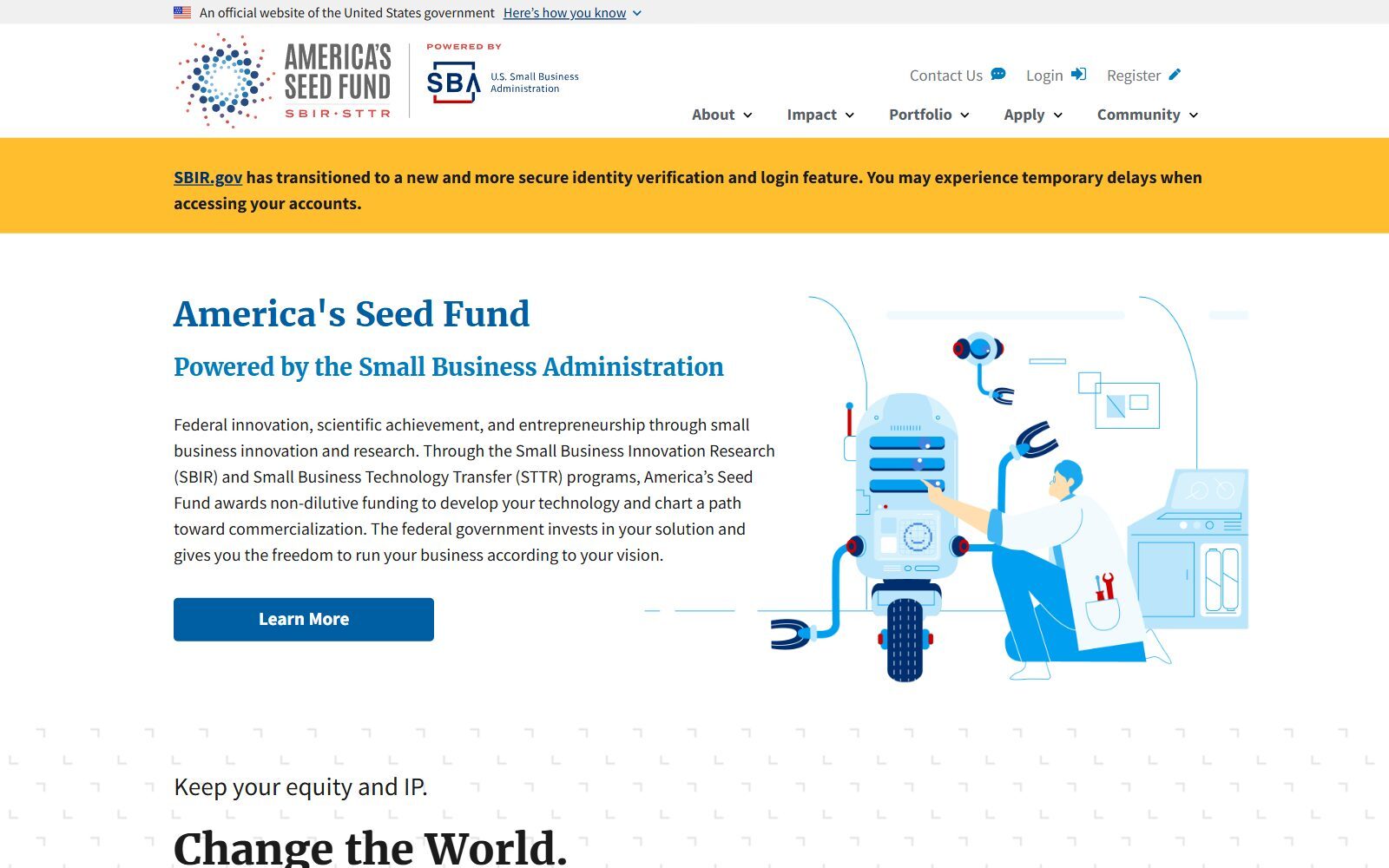 SBIR.gov homepage, America's Seed Fund powered by the US Small Business Administration, screenshot (October 2026)