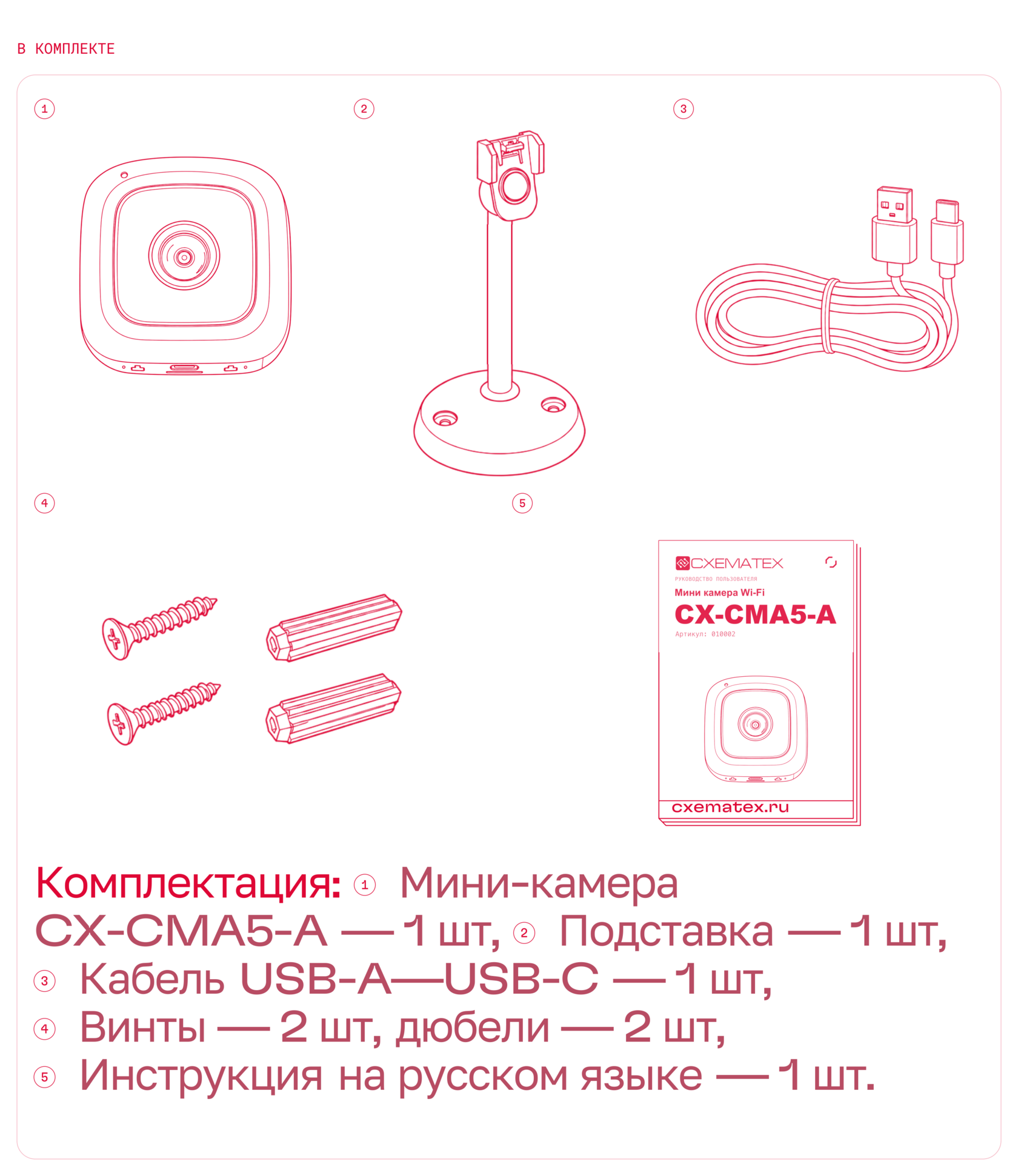 В комплекте:1 — камера CX-CMA5-A;2 — подставка;3 — кабель USB-A—USB-C;4 — два винта и два дюбеля;5 — индивидуальная инструкция CX-CMA5-A /010002 на русском языке.