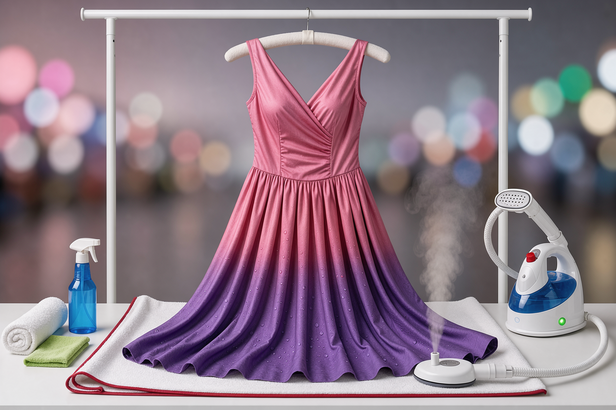 A dress hung on a wide padded hanger with a towel supporting the skirt below, and a steamer/iron nearby, showing careful drying and steaming