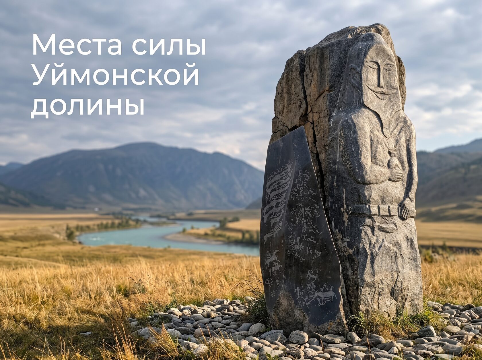 Места силы Уймонской долины — древний каменный идол на фоне Катуни