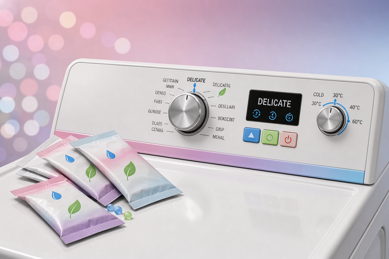 A washing machine control panel showing a gentle or delicate program selection, temperature dial set to 30-40°C, a small pile of mild detergent sachets nearby but not branded