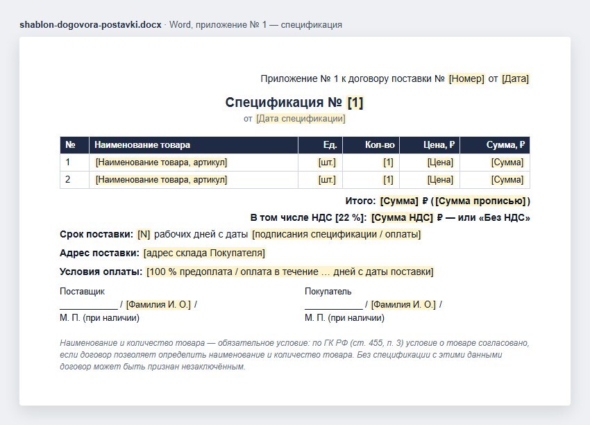 Приложение № 1 — спецификация к договору поставки: наименование товара, единица, количество, цена и сумма, итог и НДС, срок, адрес поставки и условия оплаты