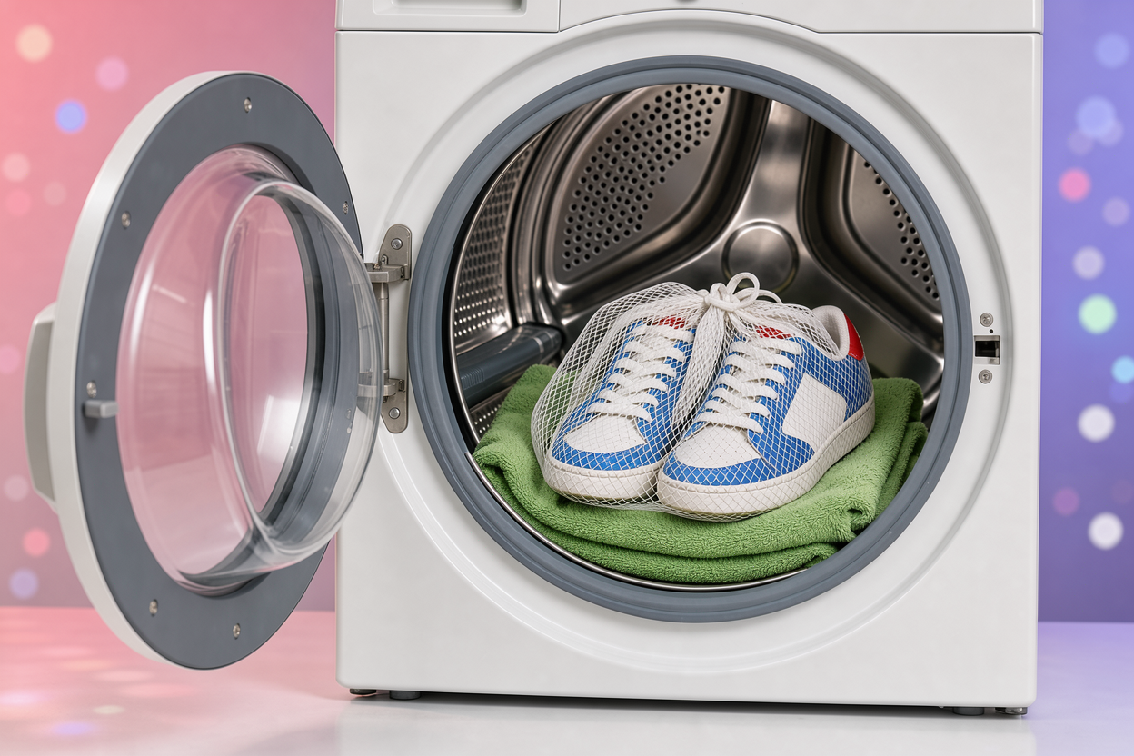 A single pair of sneakers placed inside a white mesh laundry bag inside the drum of a front-loading washing machine, with a towel for balancing