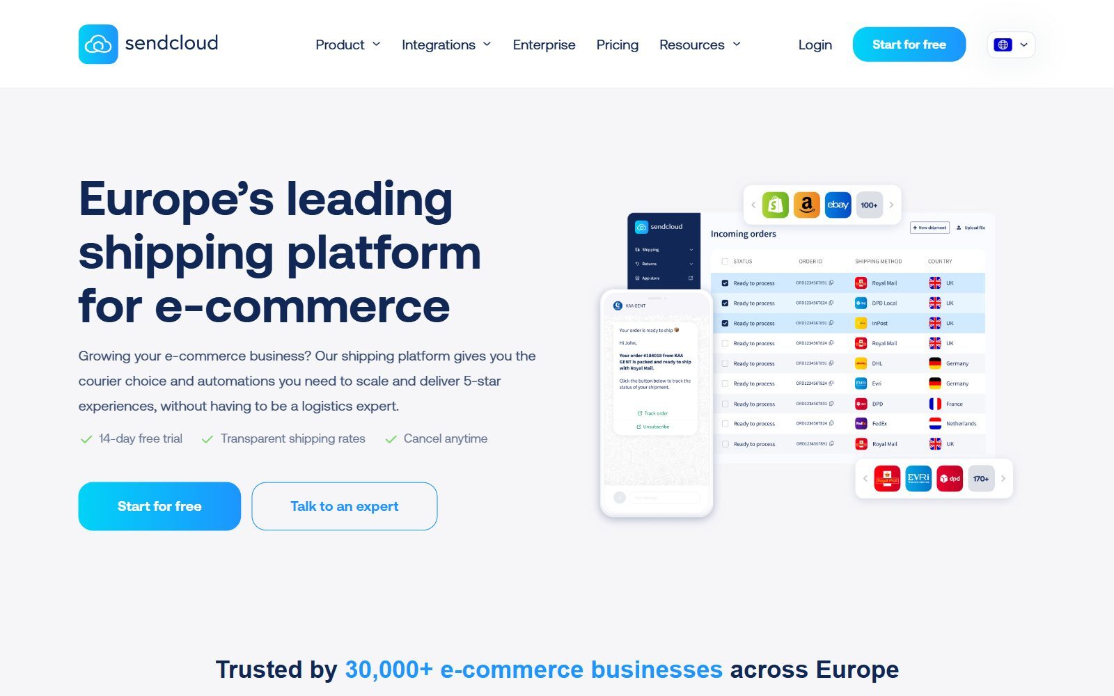 Sendcloud shipping platform homepage screenshot (October 2026)