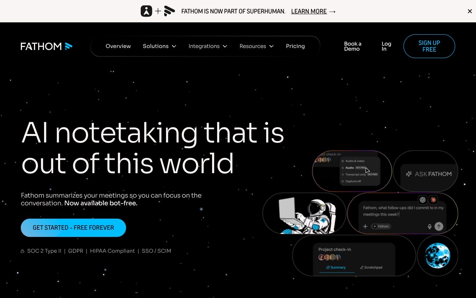 Fathom homepage screenshot: AI notetaker that records and summarises calls