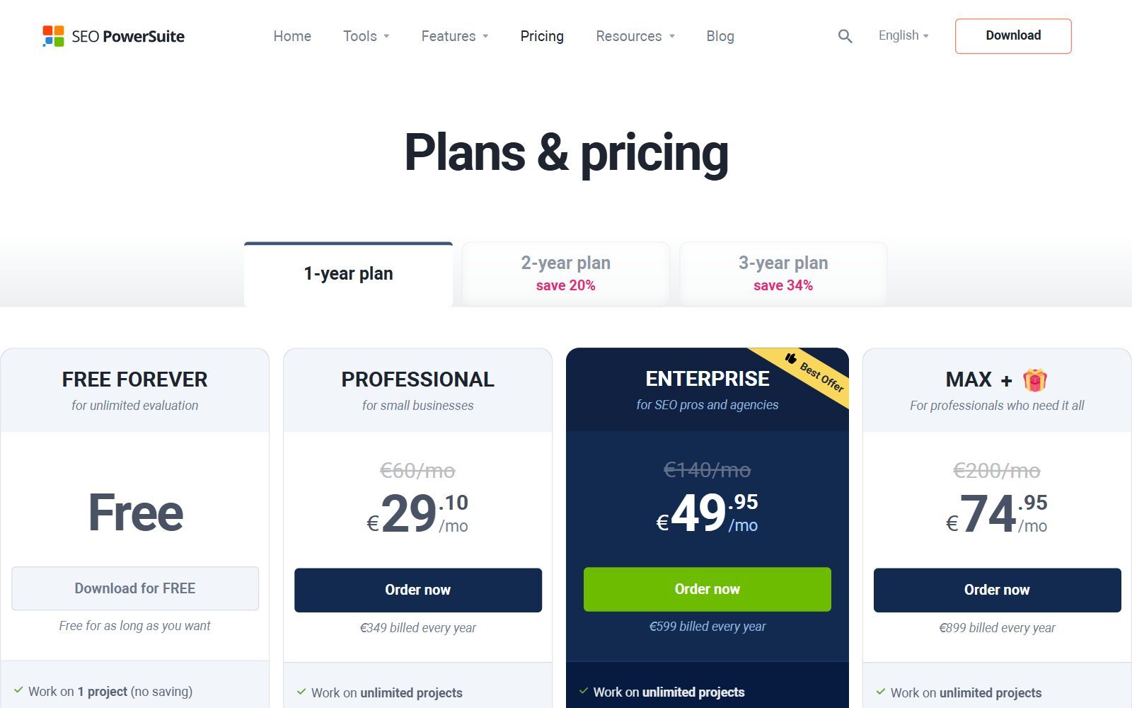 SEO PowerSuite pricing page screenshot showing the Free, Professional, Enterprise and Max + plans (October 2026)