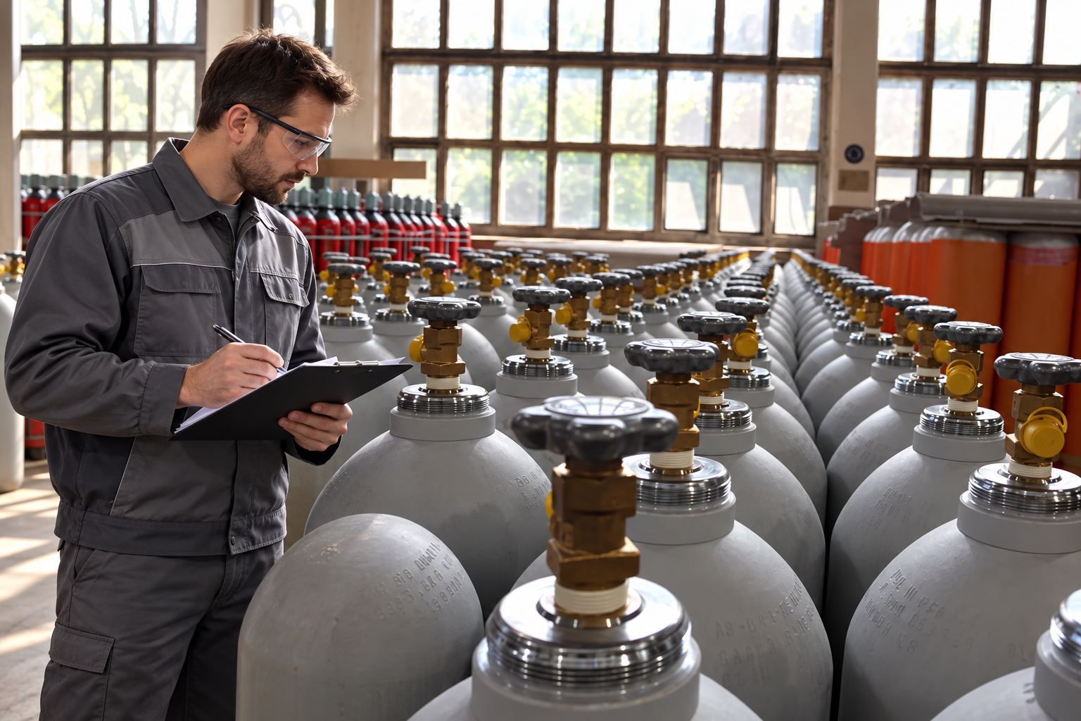 Специалист сверяет перечень партии рядом с газовыми баллонами