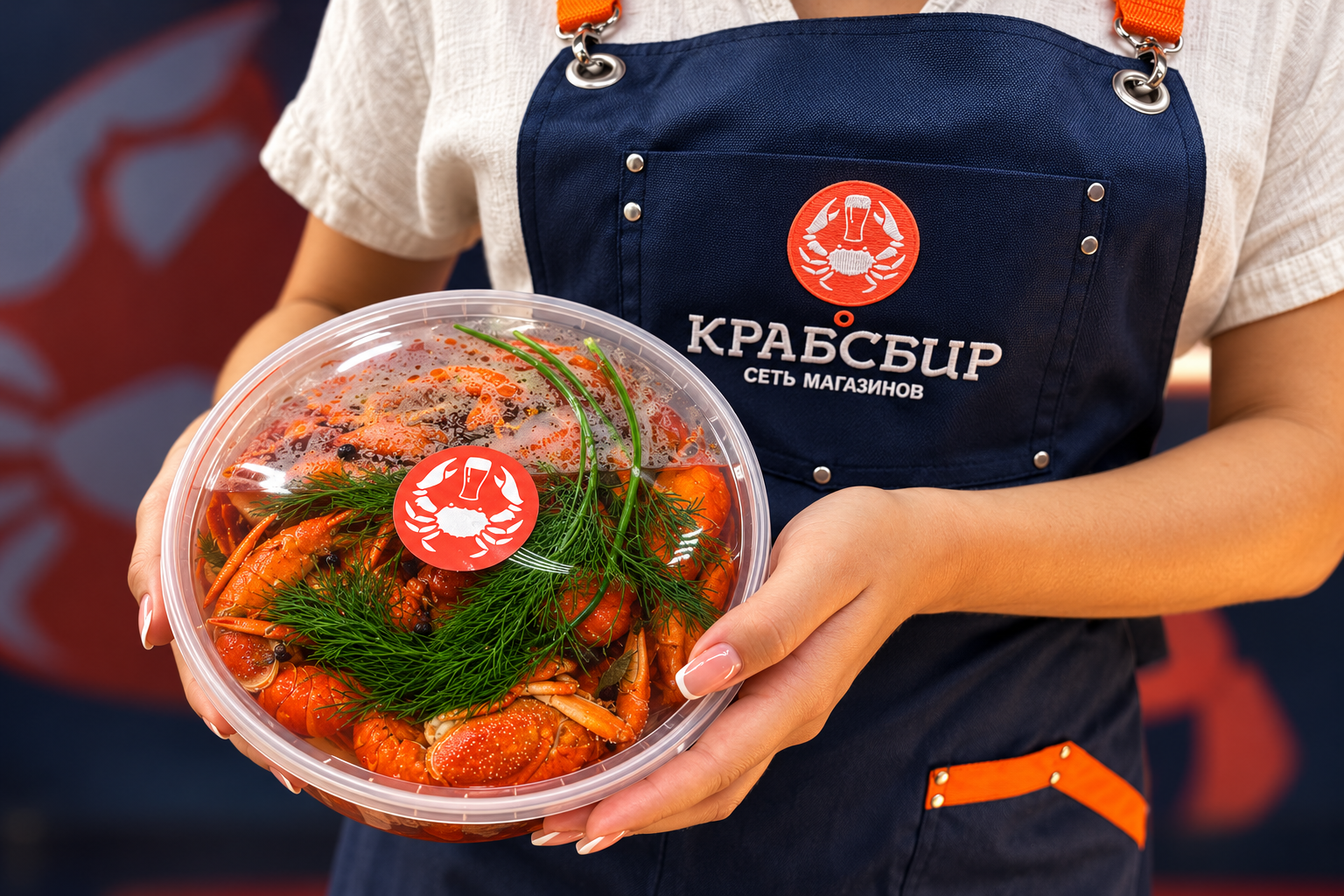 Сотрудник КРАБСБИР с готовыми раками в фирменной упаковке