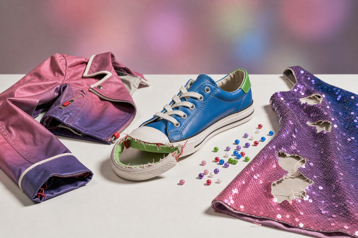 Close-up of damaged items: a jacket with deformed shoulder, a shoe with a torn sole, and sequined clothing showing missing beads, laid out on a table