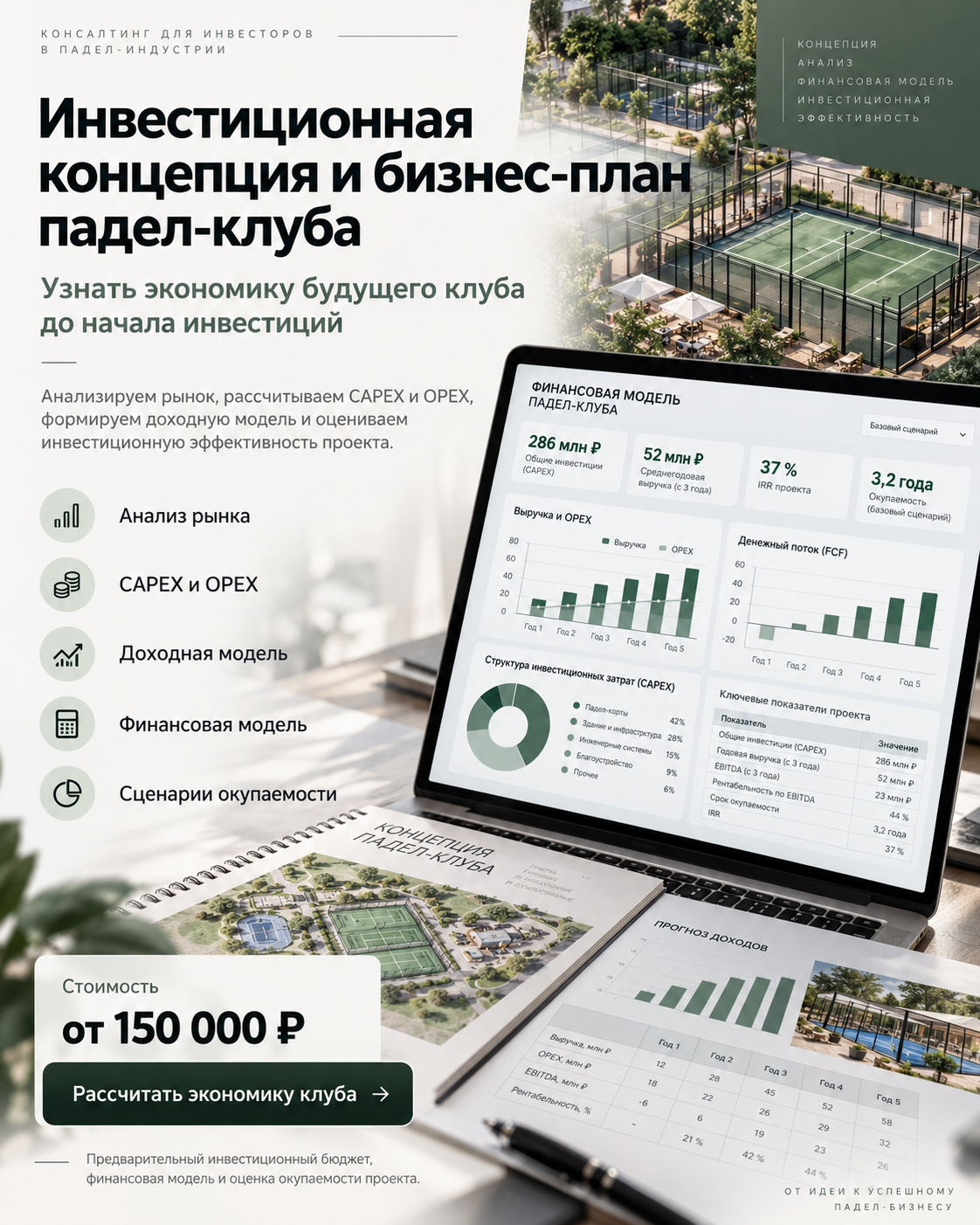 Пример представления финансовой модели падел-клуба