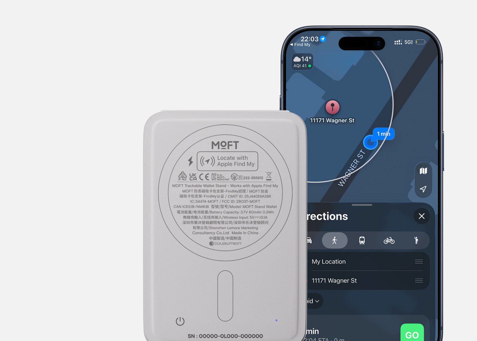 Обратная сторона картхолдера MOFT с отметкой Apple Find My и маршрут в приложении «Локатор»