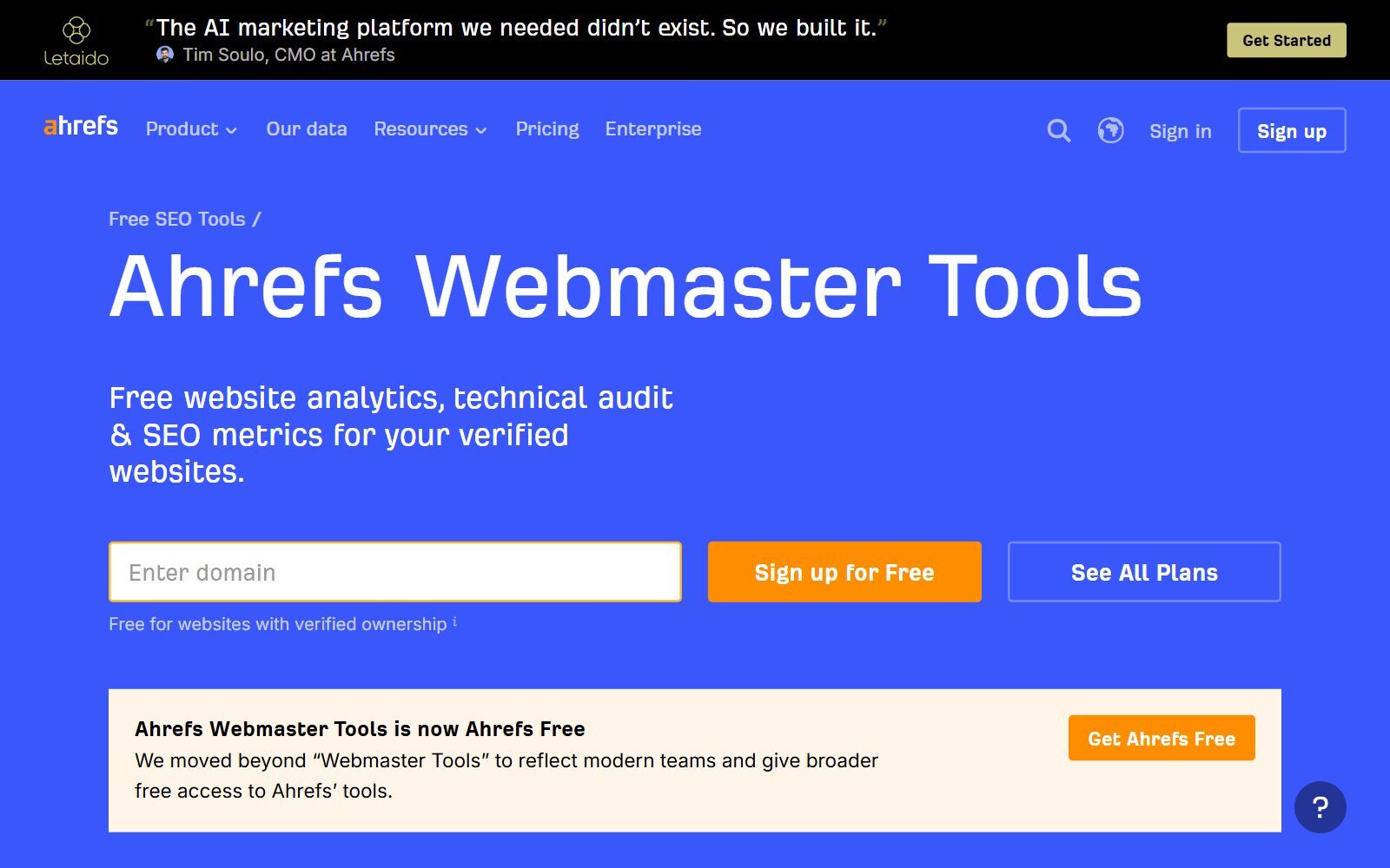 Ahrefs Free homepage screenshot (October 2026)